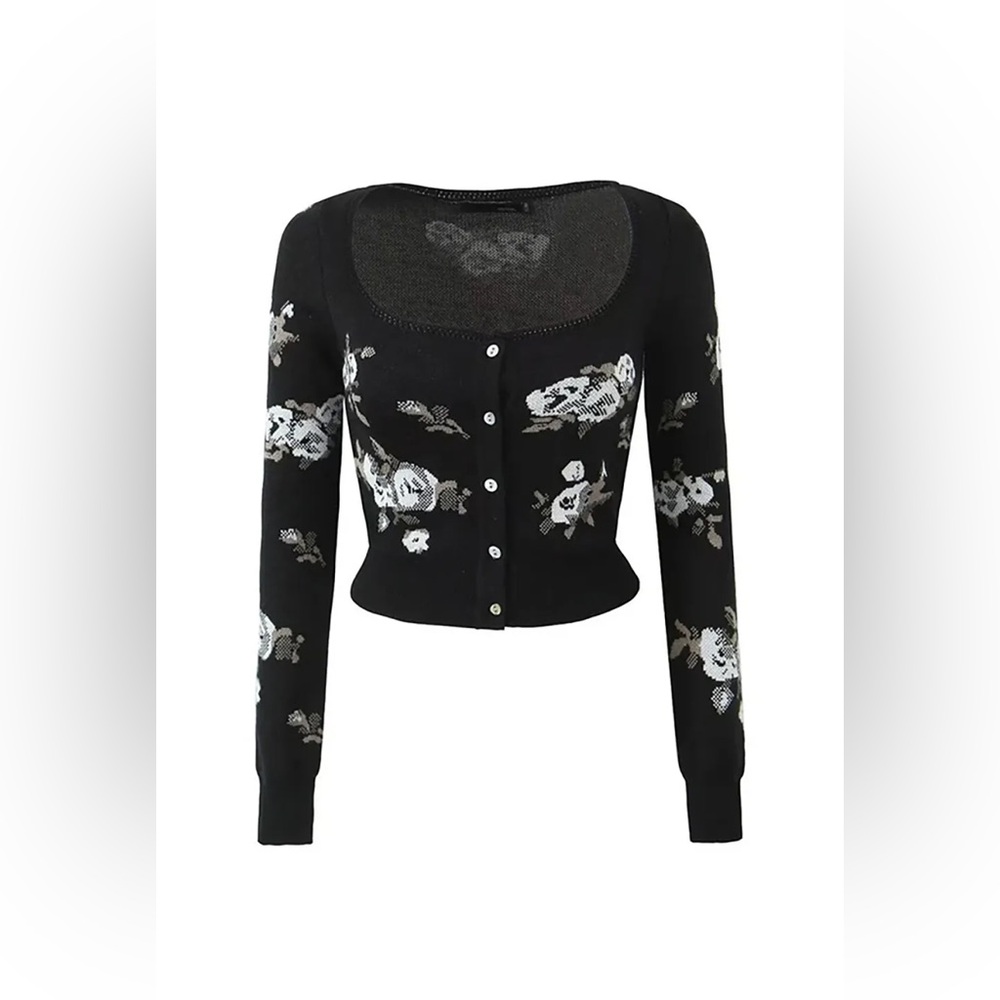 Commense Black Floral Cropped Cardigan with White Accents